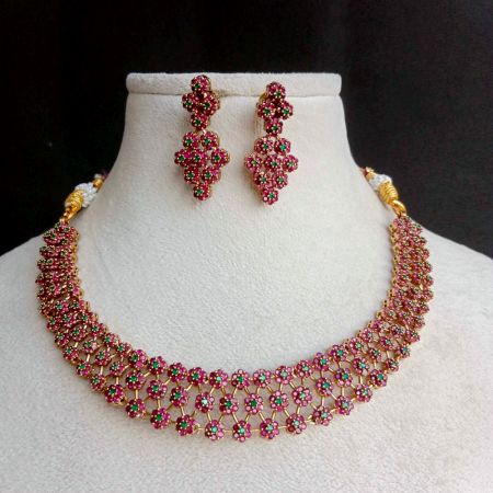 Handmade Brass Metal Jewellery Ruby Green Floral Set